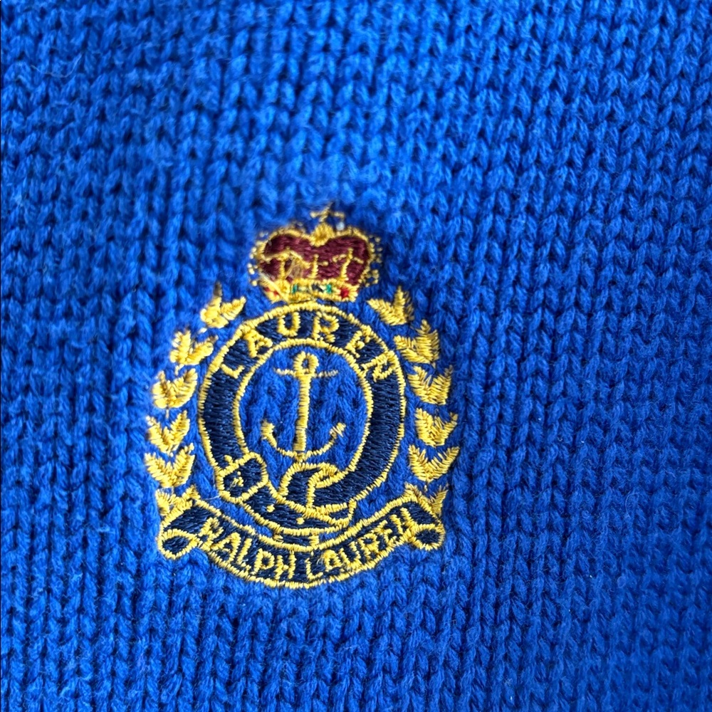 Vintage Ralph Lauren Blue Gold Crest 1/4 Zip Sweater Preppy Women’s Petite Large - Picture 2 of 10